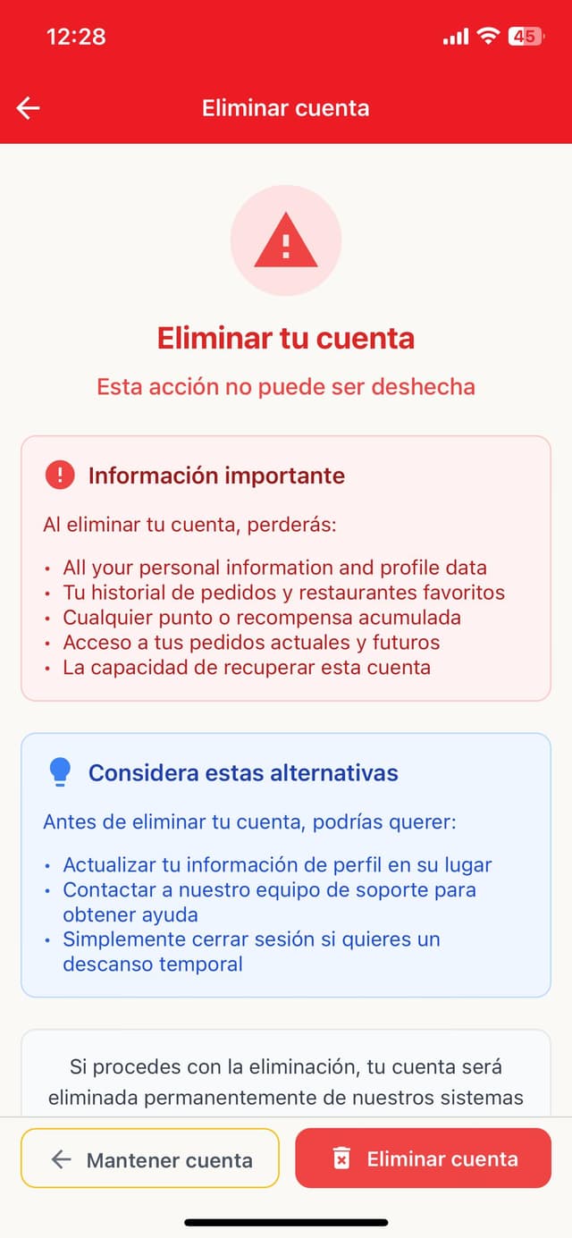 Pantalla de eliminación de cuenta con advertencias y botón final de eliminar