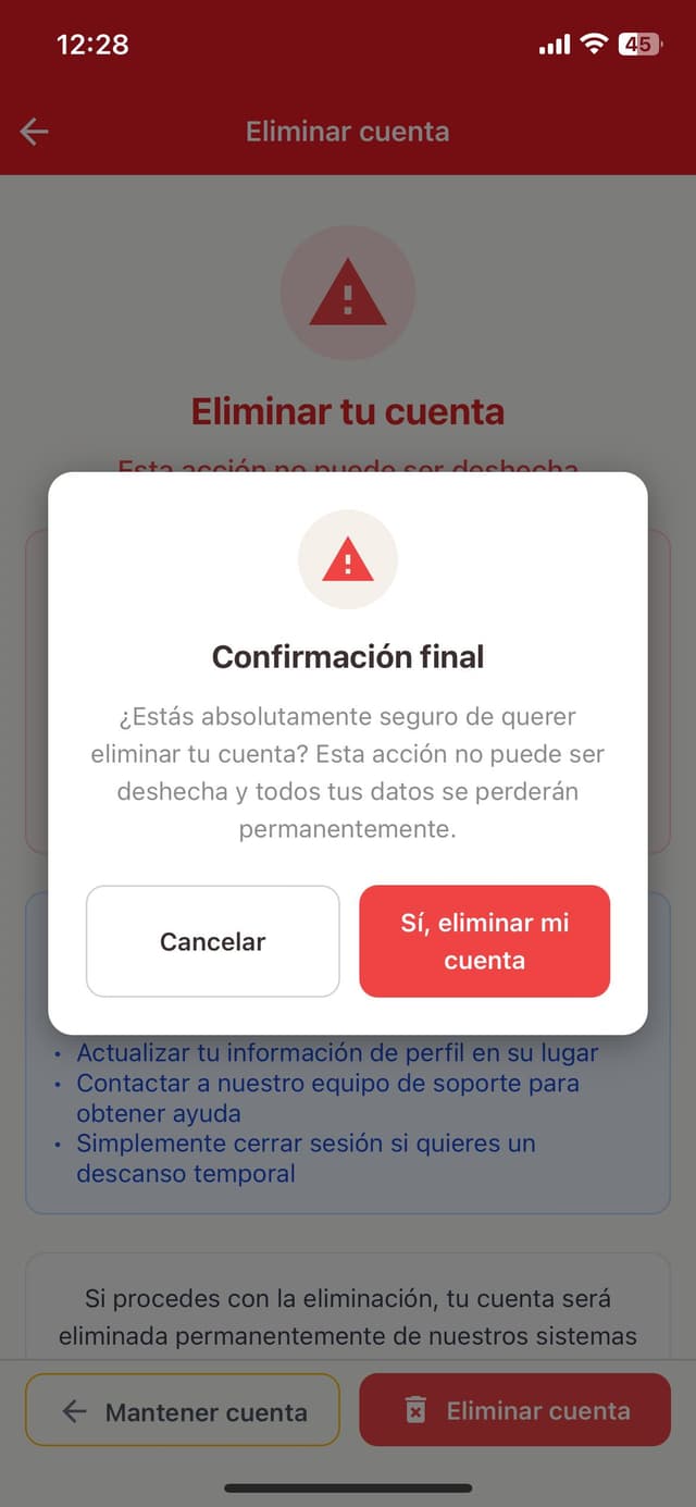Modal de confirmación final para eliminación de cuenta